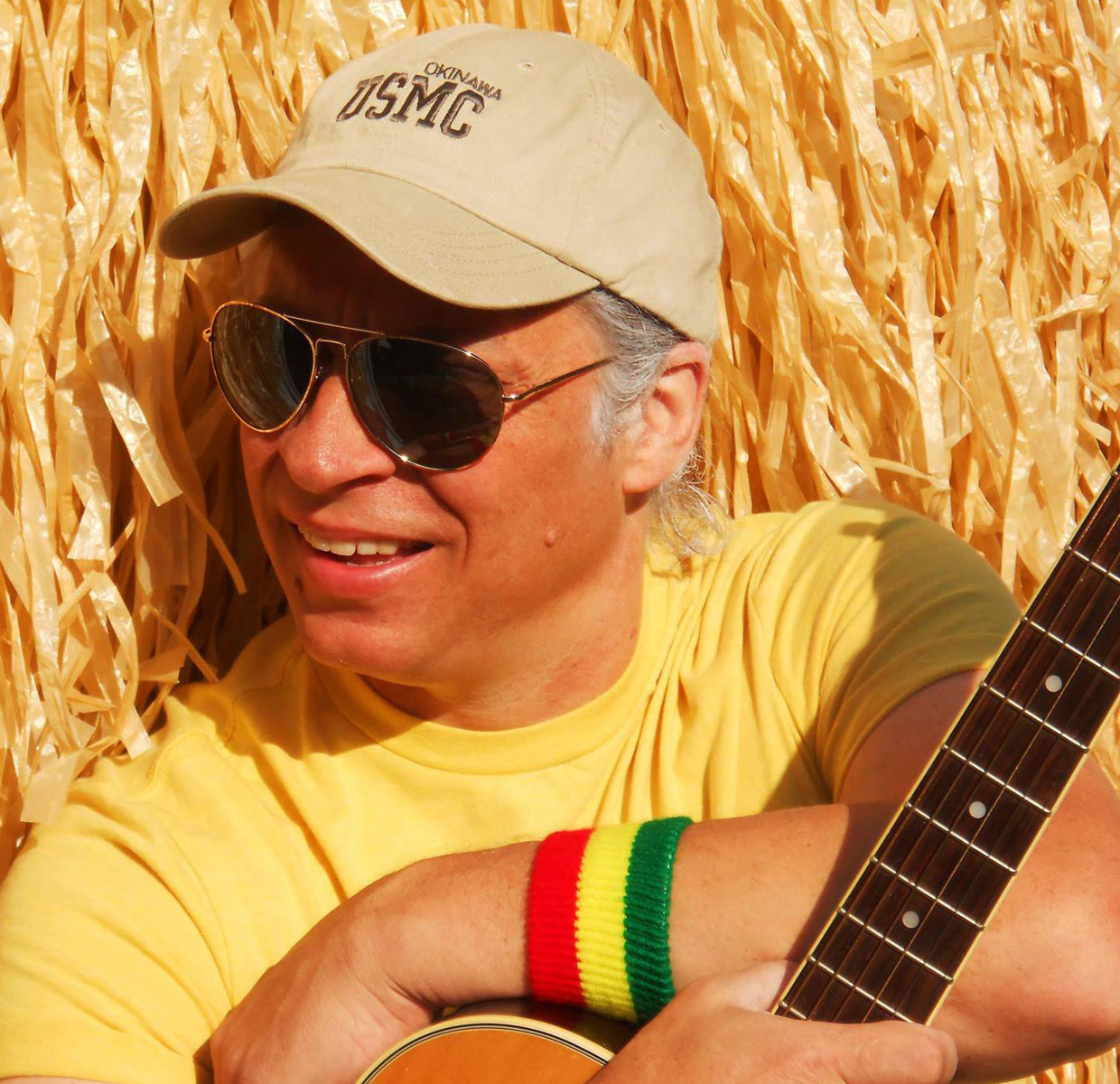 A photo of a performer from the musical act Bluffett, a Tribute to Jimmy Buffett named Larry. He is holding an acoustic guitar and wearing sunglasses. Bluffett will be performing at the 2024 Dutchess County Fair.