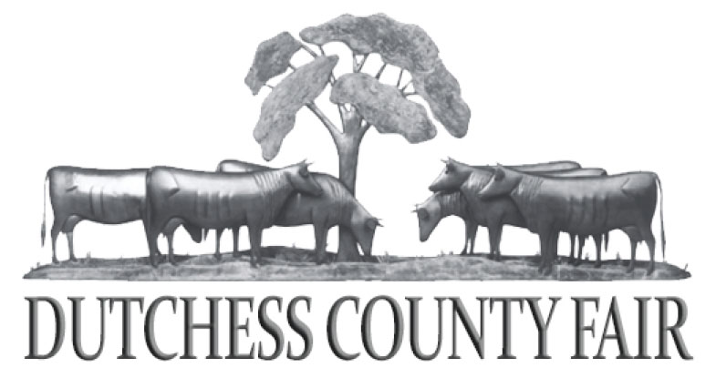 The old Dutchess County Fair Logo, pre-2024, black and white image of cattle standing around a tree.