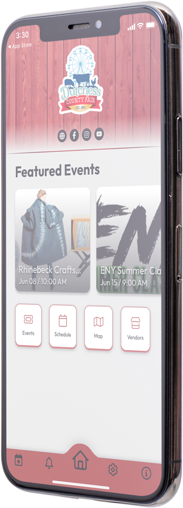 An image of a smart phone with the home screen for the Dutchess County Fair app displayed on screen. A menu of several options for navigating the app can be seen. For more information on the Dutchess County Fair app, visit: https://dutchessfair.com/dutchess-county-fair-app/